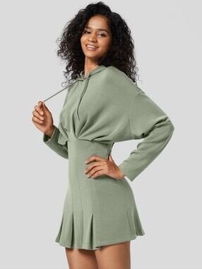 Halara SpacerTek Drawstring Pleated Hem Hoodie Dress Size XS Green Casual Sporty